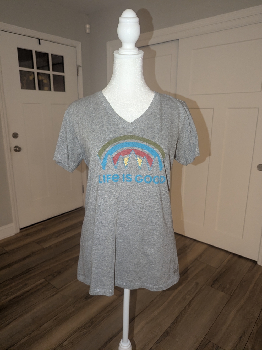 Life Is Good Gray V-Neck Tee with Rainbow Tree Graphic